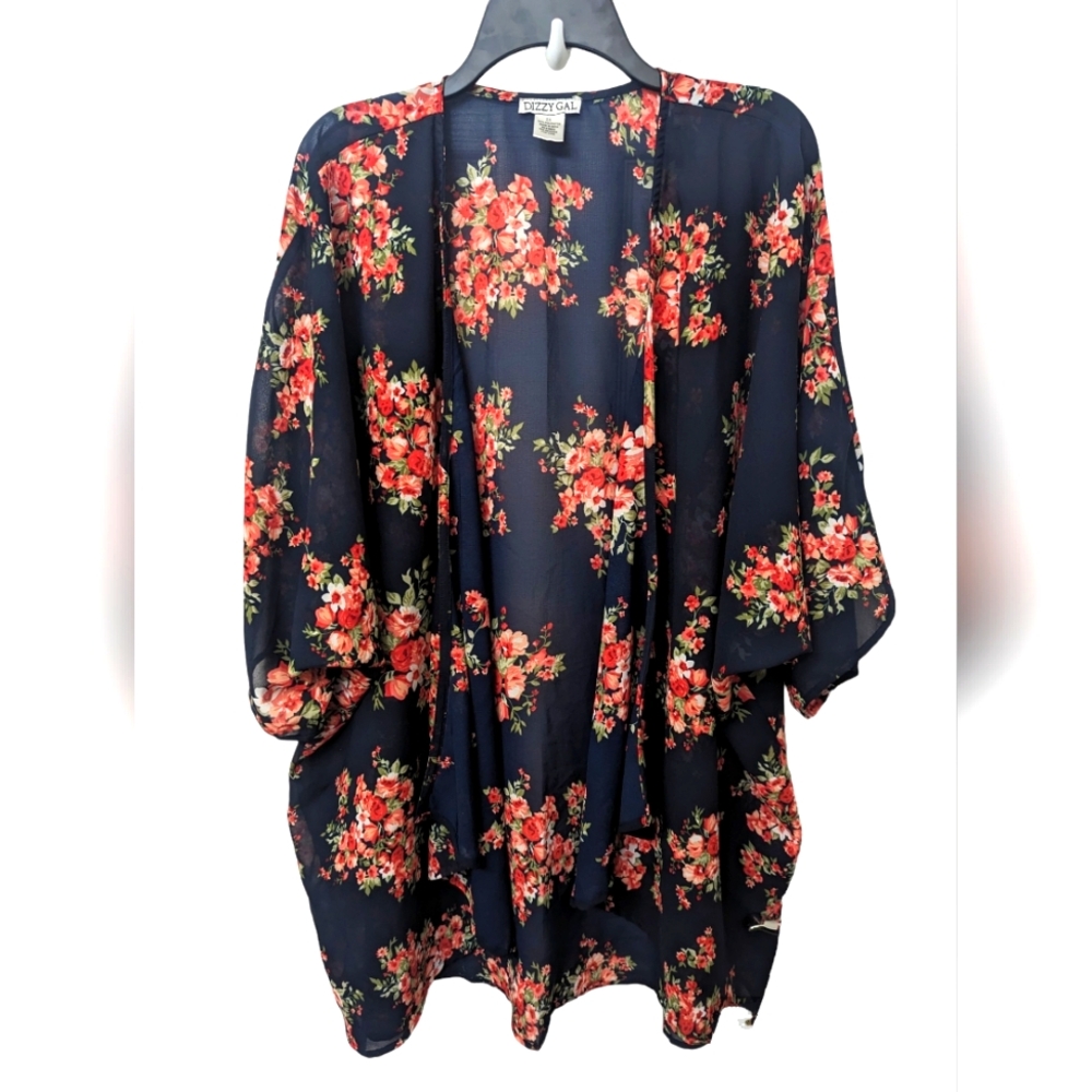 Dizzy Gal XL Navy Blue with Red Roses EUC Kimono Cardigan